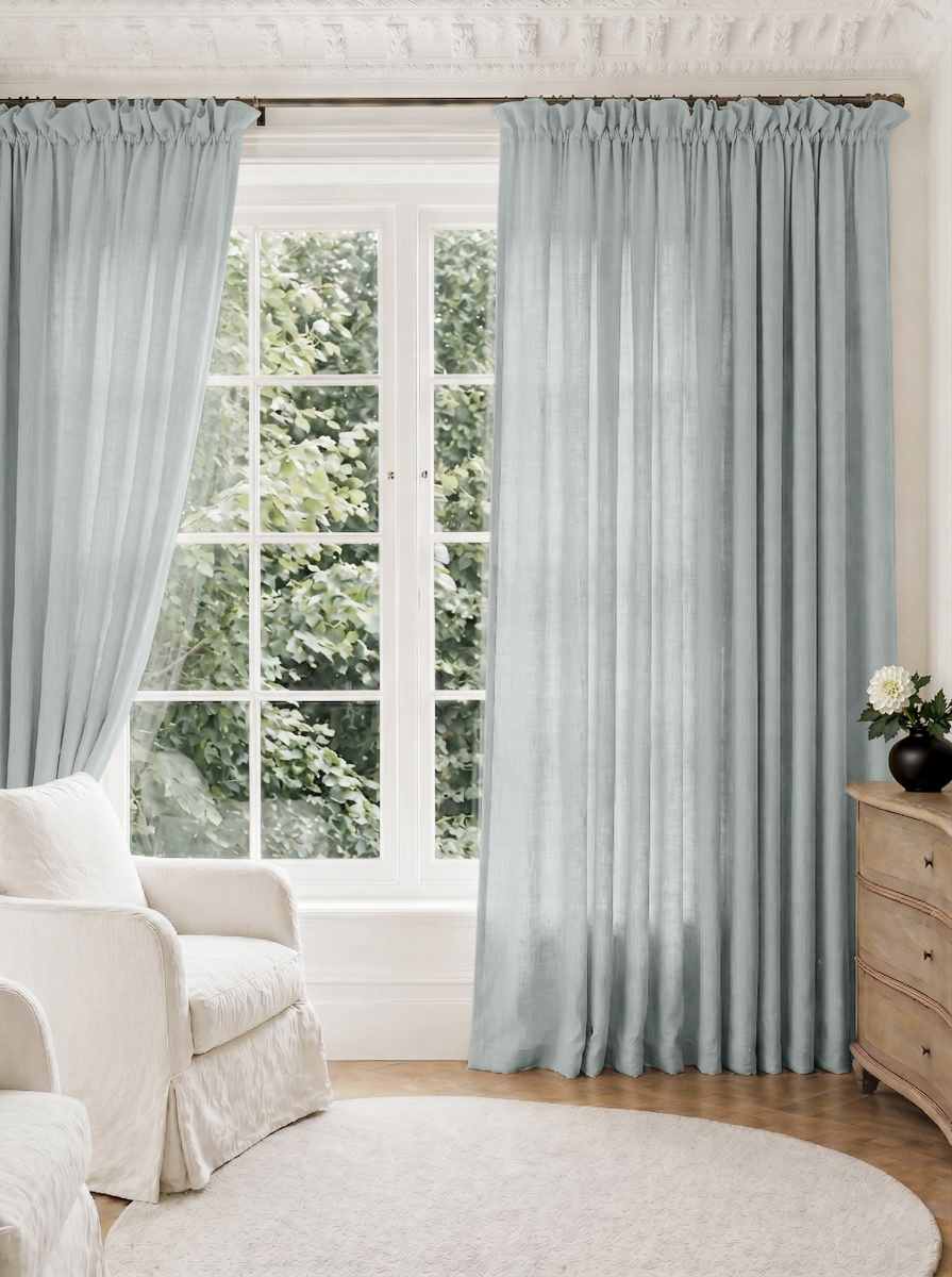 Duck Egg Blue Pleated Linen curtains for Living room. Made of pre-washed linen Bianco Duck Egg by Ada & Ina.
