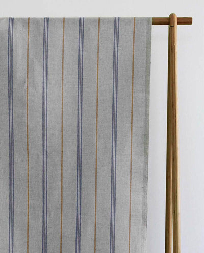Elise Blue Ochra - Linen Cotton mix curtain fabric, Blue & Orange stripes