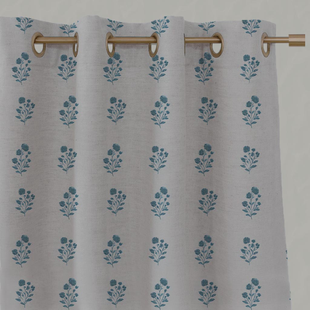 Blue Floral Linen Eyelet Curtain - Cherie Blue Stone - Natural base fabric.