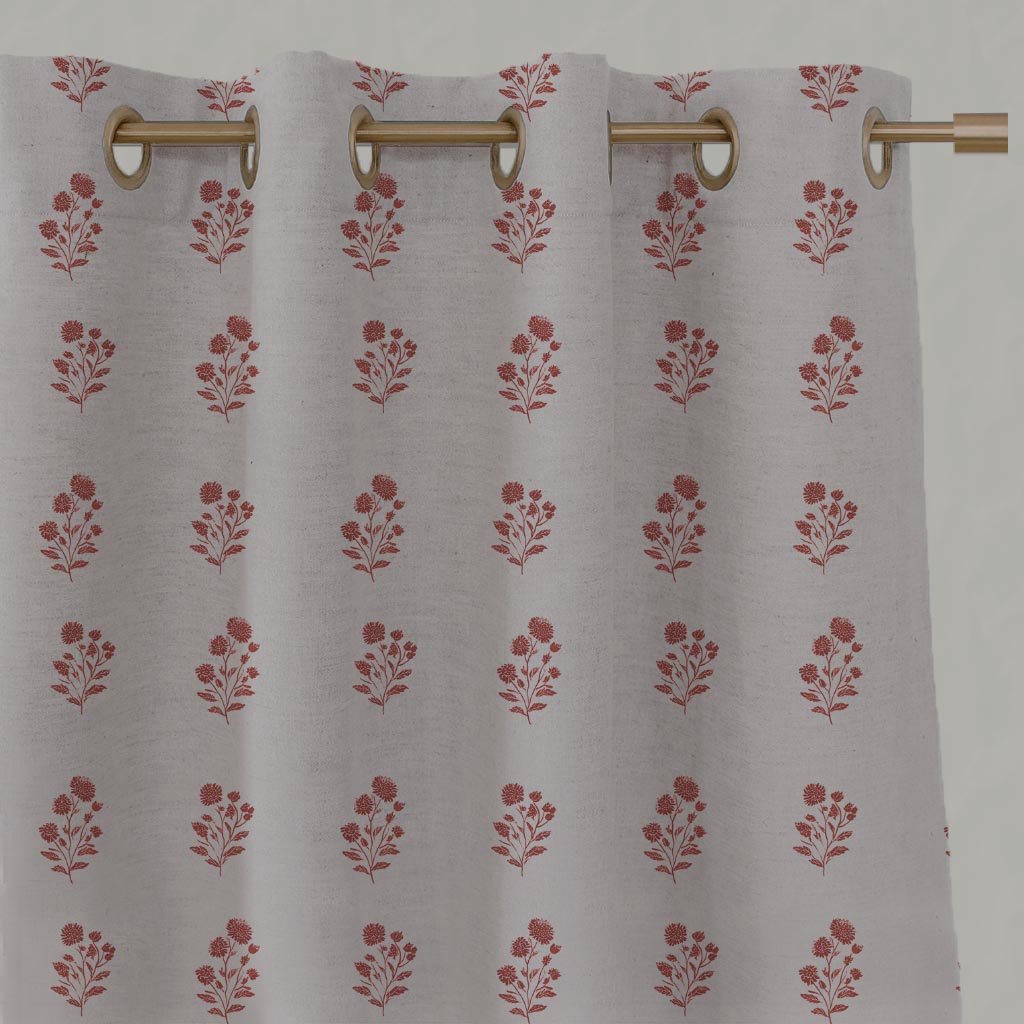 Red Floral Linen Eyelet Curtain - Cherie Crimson Red - Natural base fabric.