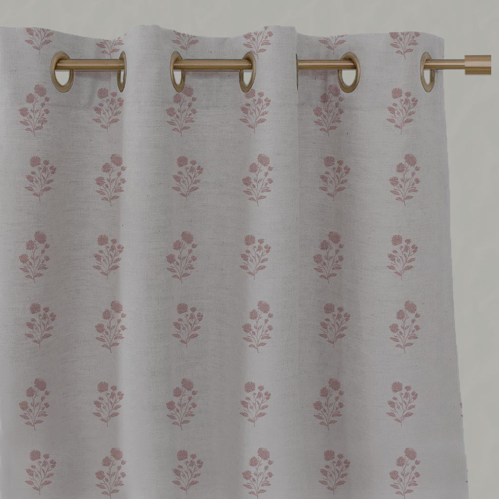 Pink Floral Linen Eyelet Curtain - Cherie Dusty Pink - Natural base fabric.
