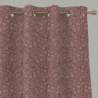 Red Floral Linen Eyelet Curtain - Cheye Crimson Red - Natural base fabric.