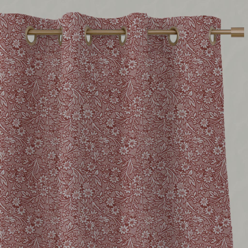 Red Floral Linen Eyelet Curtain - Cheye Crimson Red - Natural base fabric.