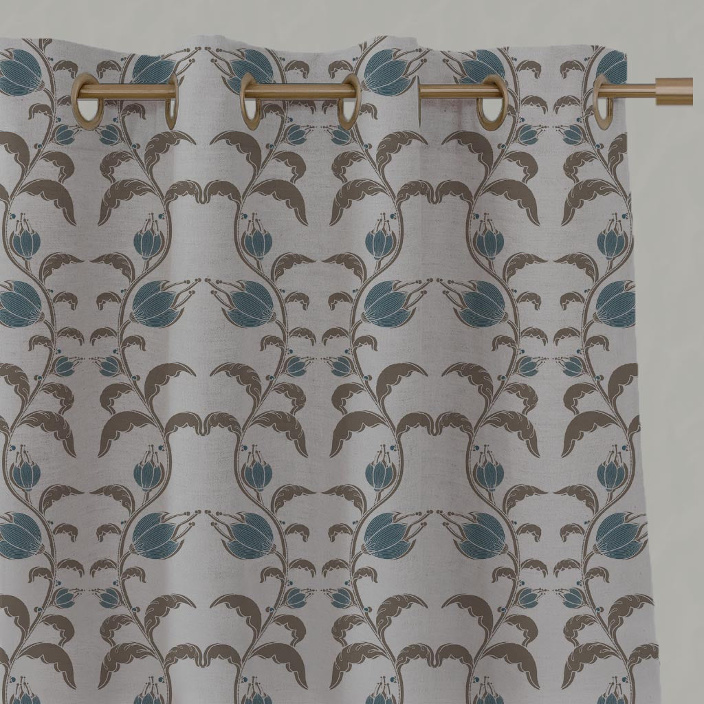 Blue and Brown Patterned Linen Eyelet Curtain - Dana Blue Pebble  - Natural base fabric.