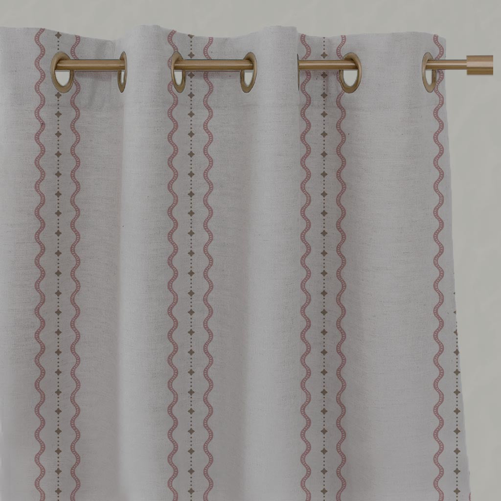 Pink and Brown Patterned Linen Eyelet Curtain - Daphne Dusty Pink - Natural base fabric.