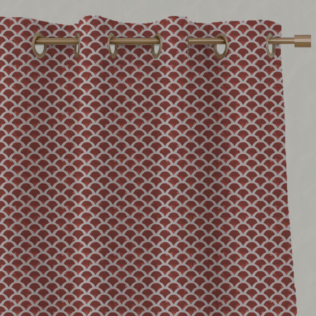 Red Patterned Linen Eyelet Curtain - Erle Crimson Red - Natural base fabric.