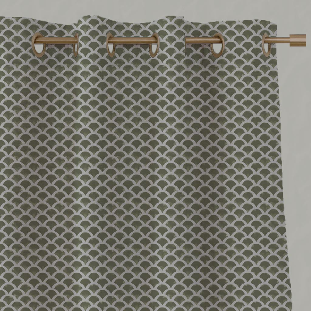 Green Patterned Linen Eyelet Curtain - Erle Moss - Natural base fabric.