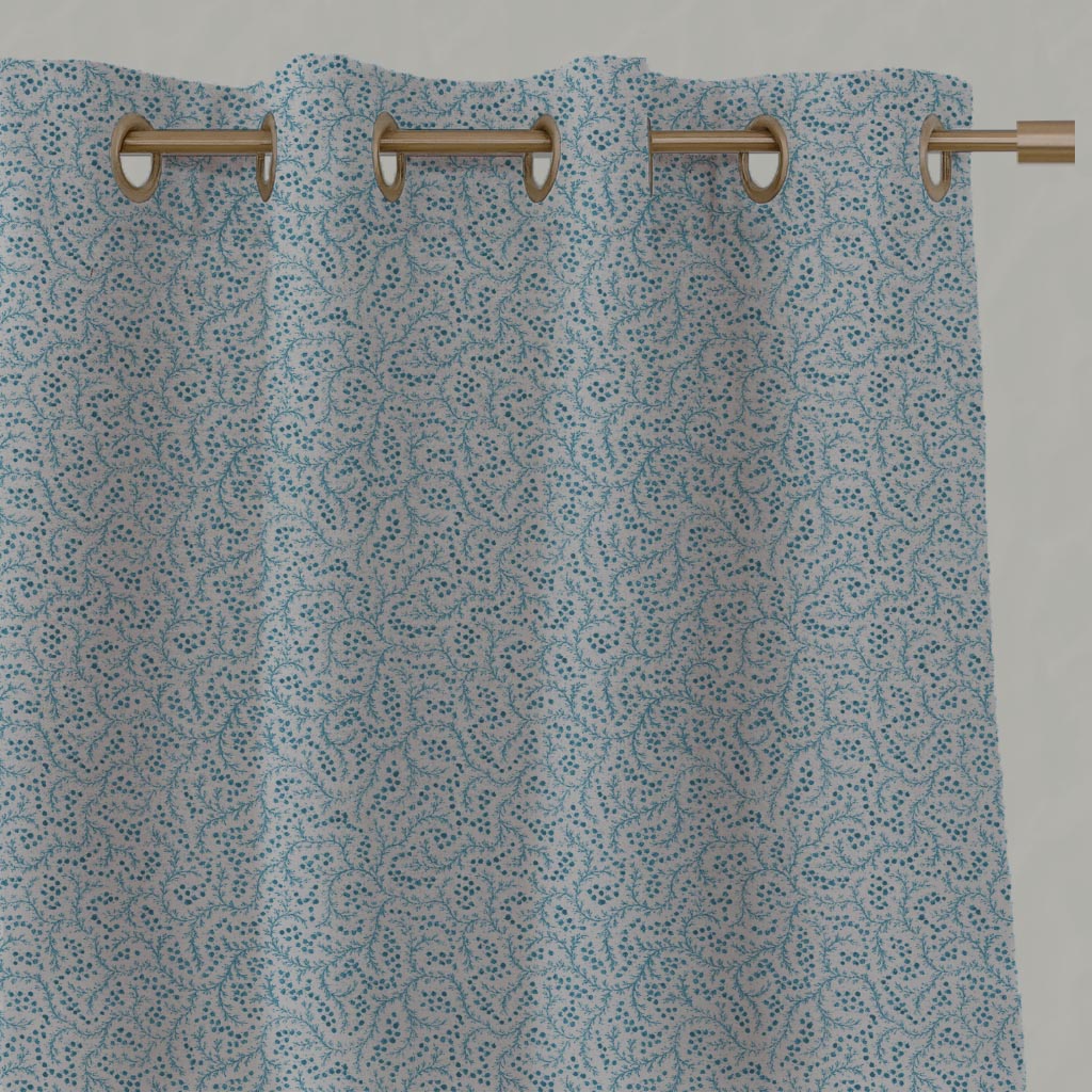 Blue Abstract Linen Eyelet Curtain - Freeda Blue Stone - Natural base fabric.