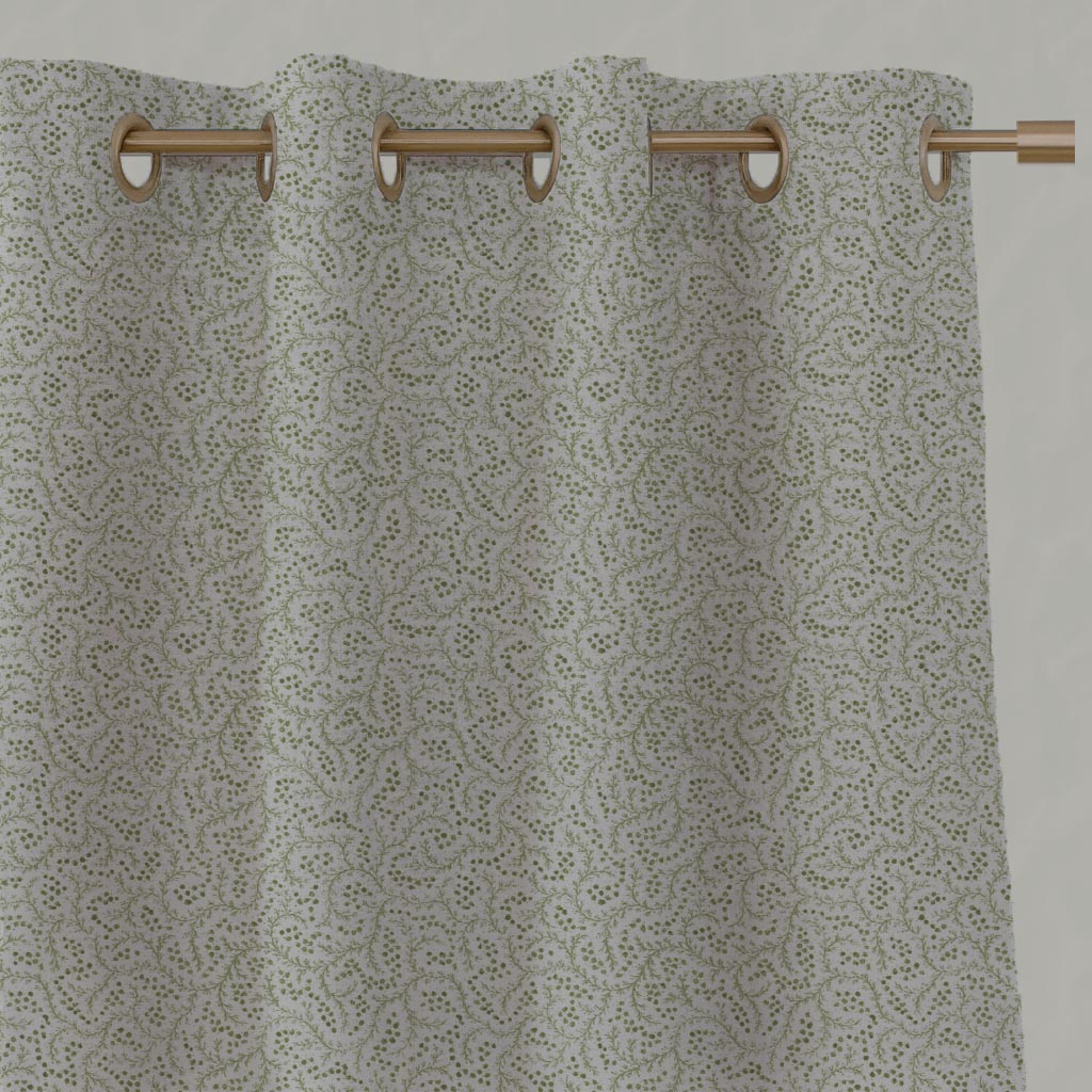 Green Abstract Linen Eyelet Curtain - Freeda Khaki - Natural base fabric.