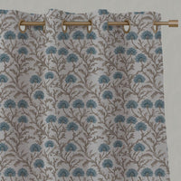 Blue Floral Linen Eyelet Curtain - GoldMae Blue Stone - Natural base fabric.