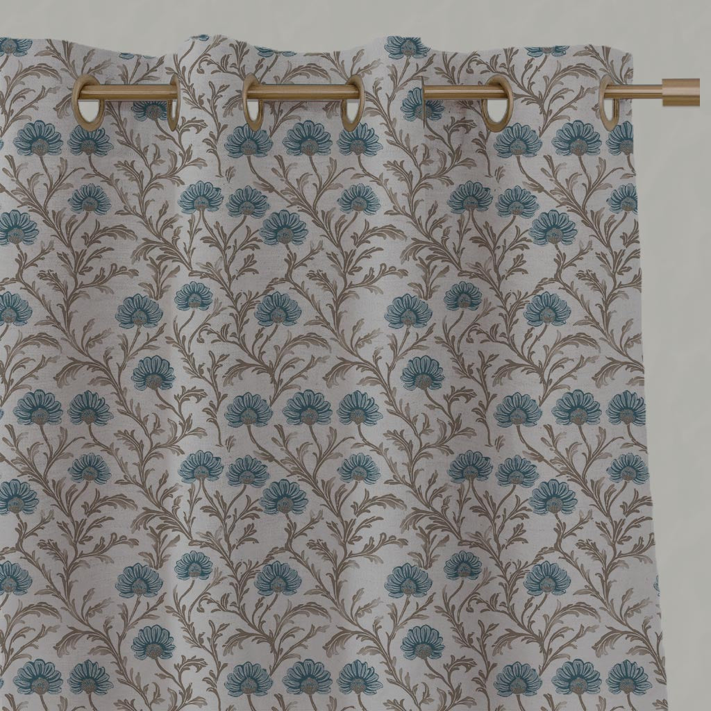 Blue Floral Linen Eyelet Curtain - GoldMae Blue Stone - Natural base fabric.