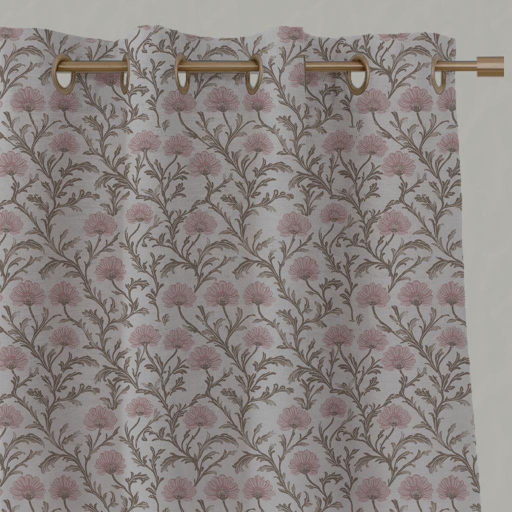 Pink Floral Linen Eyelet Curtain - GoldMae Dusty Pink - Natural base fabric.