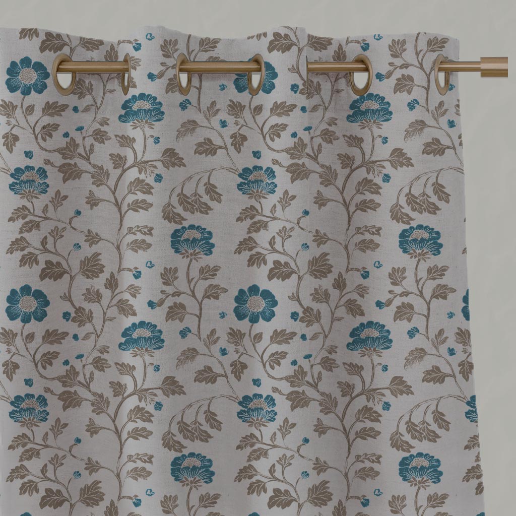 Blue Floral Linen Eyelet Curtain - Islie Blue Stone - Natural base fabric.