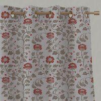 Red Floral Linen Eyelet Curtain - Islie Crimson Red - Natural base fabric.