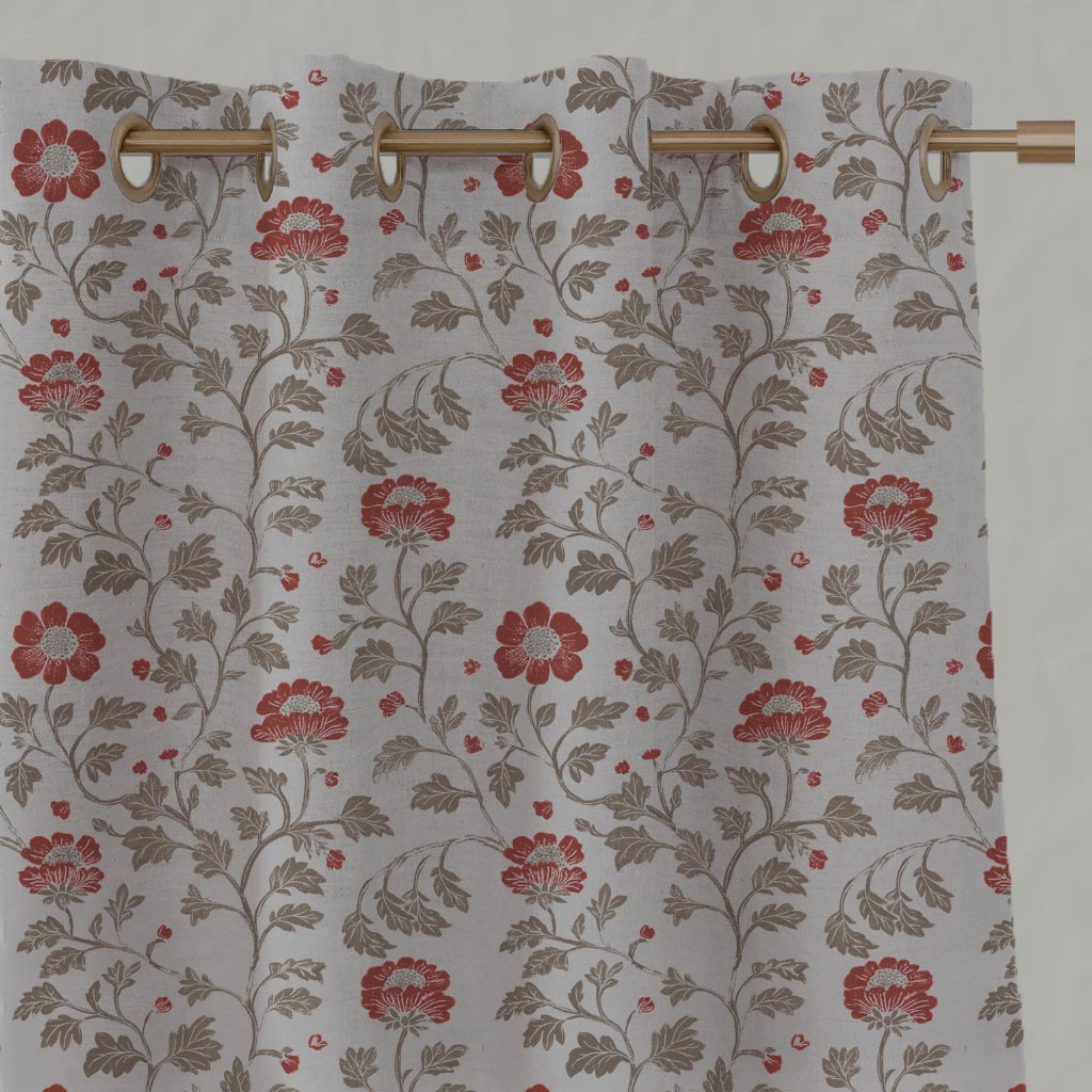 Red Floral Linen Eyelet Curtain - Islie Crimson Red - Natural base fabric.