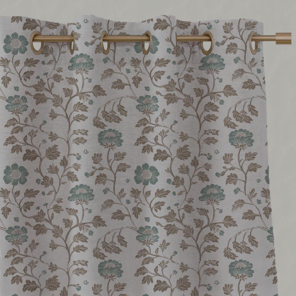 Light Green Floral Linen Eyelet Curtain - Islie Sage - Natural base fabric.