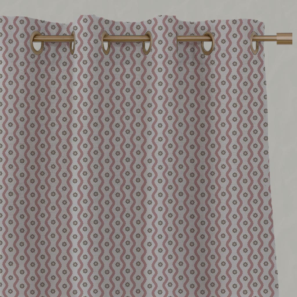 Pink Abstract Linen Eyelet Curtain - Kirabe Dusty Pink - Natural base fabric.