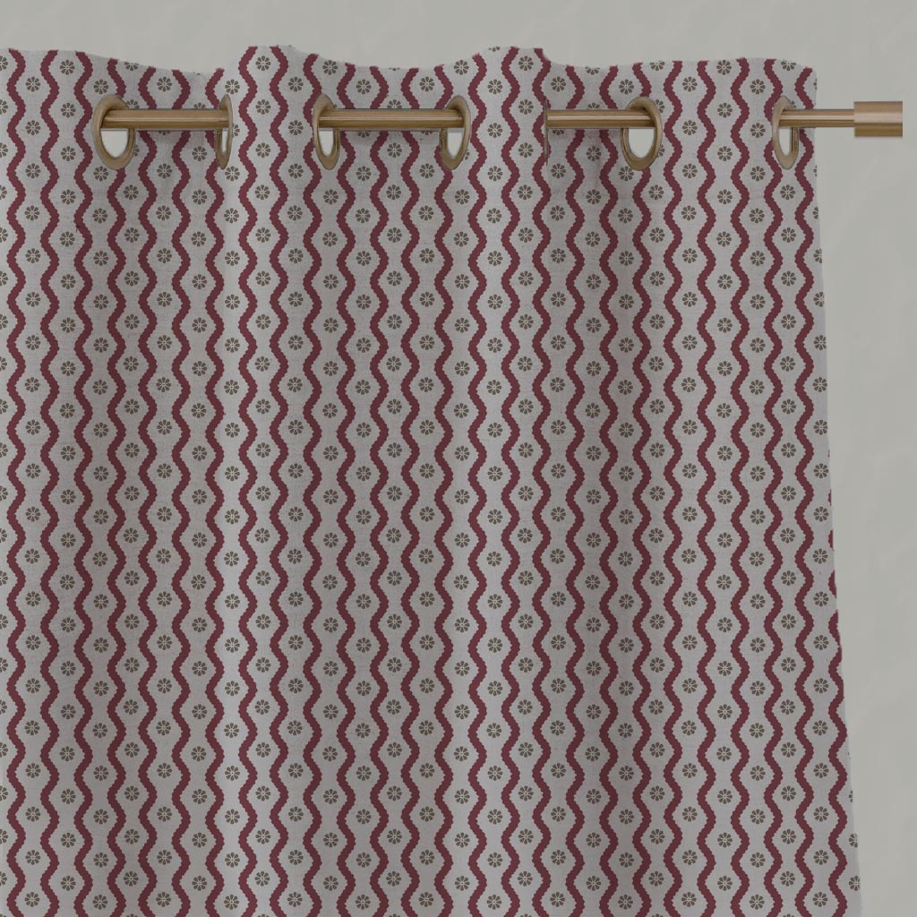 Red Abstract Linen Eyelet Curtain - Kirabe Wine - Natural base fabric.