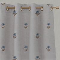 Blue Floral Linen Eyelet Curtain - Ksandra Blue - Natural base fabric.