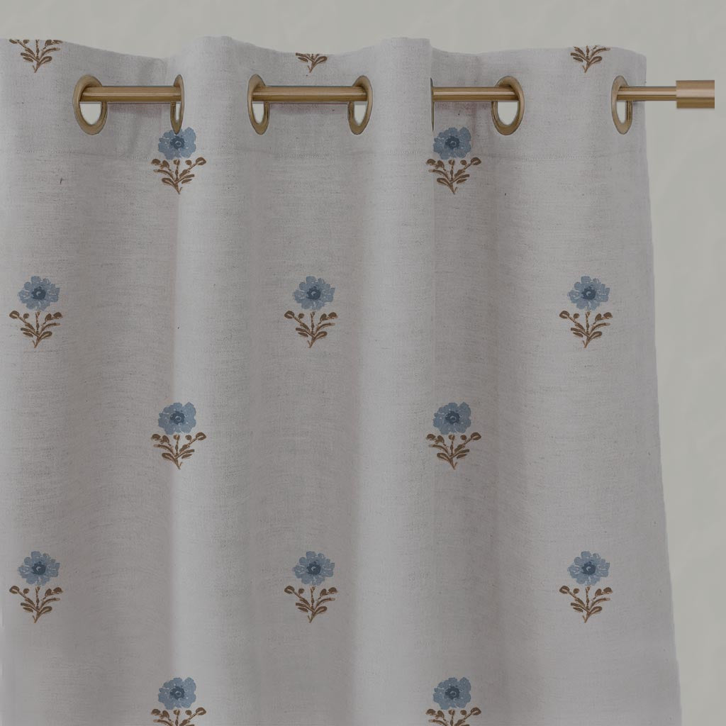 Blue Floral Linen Eyelet Curtain - Ksandra Blue - Natural base fabric.