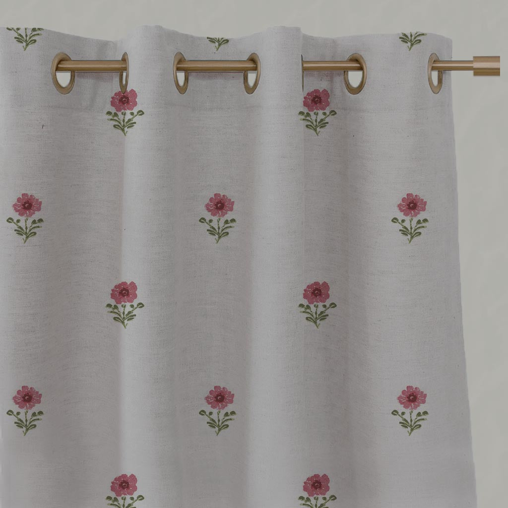 Red Floral Linen Eyelet Curtain - Ksandra Red - Natural base fabric.