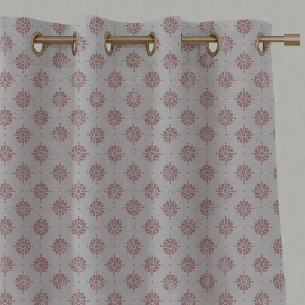 Pink Abstract Floral Linen Eyelet Curtain - Lany Dusty Pink - Natural base fabric.