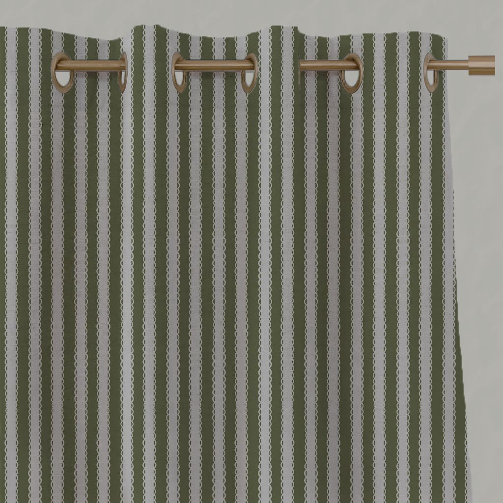 Green Striped Linen Eyelet Curtain - Lisabella Khaki - Natural base fabric.
