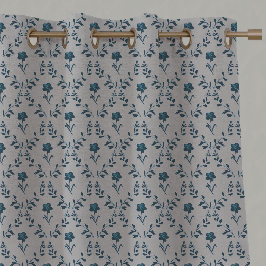 Blue Botanical Linen Eyelet Curtain - Lulani Blue Stone - Natural base fabric.