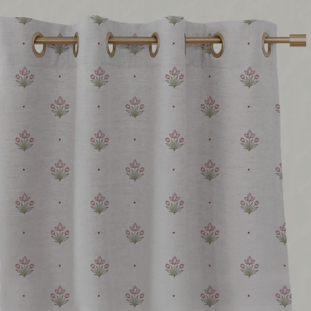 Red Floral Linen Eyelet Curtain - Maryam Wine - Natural base fabric.