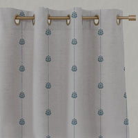 Blue Patterned Stripe Linen Eyelet Curtain - Maybel Blue Stone - Natural base fabric.