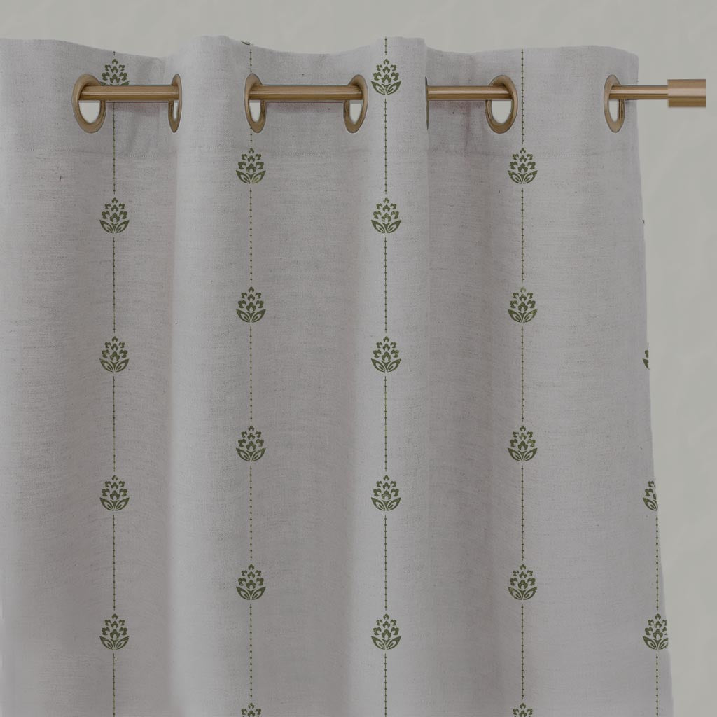 Green Patterned Stripe Linen Eyelet Curtain - Maybel Khaki - Natural base fabric.