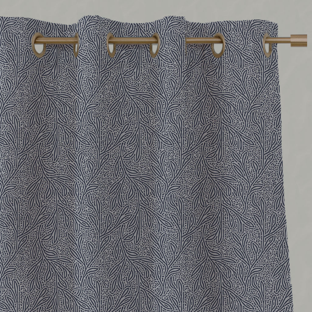 Blue Botanical Linen Eyelet Curtains - Alma Deep Blue - Natural base fabric.