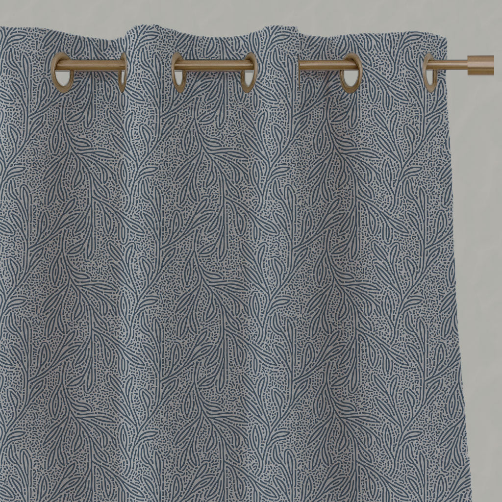 Blue Botanical Linen Eyelet Curtains - Alma Denim - Natural base fabric.