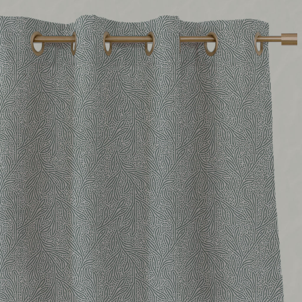 Green Botanical Linen Eyelet Curtains - Alma Sage - Natural base fabric.