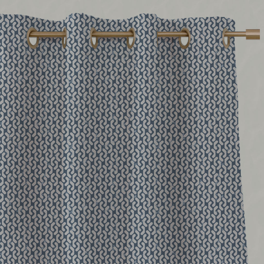 Blue Patterned Linen Eyelet Curtains - Arina Denim - Natural base fabric.