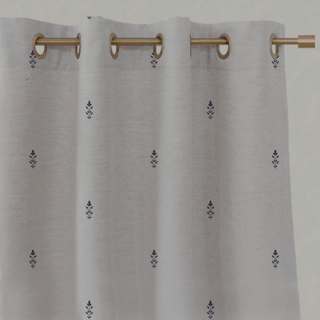 Blue Floral Linen Eyelet Curtains - Asli Deep Blue - Natural base fabric.