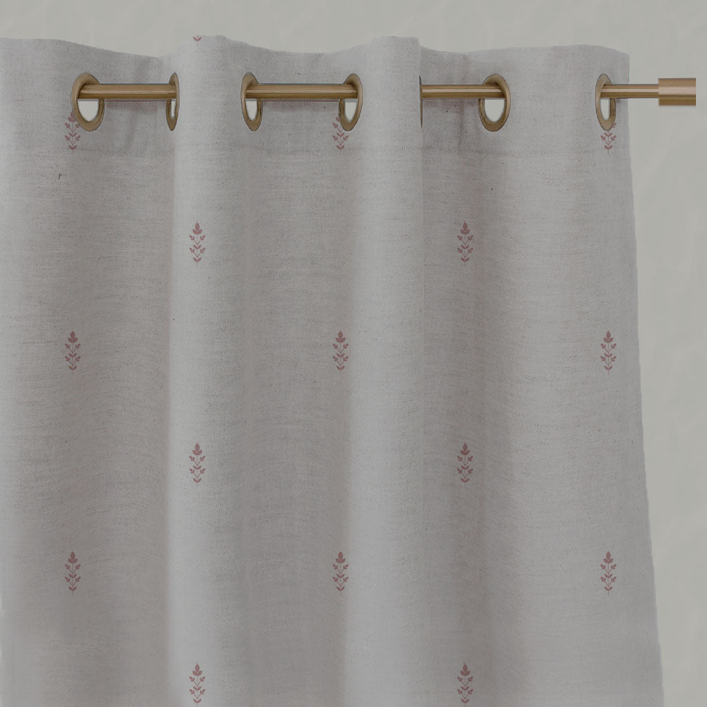 Pink Floral Linen Eyelet Curtains - Asli Dusty Pink - Natural base fabric.