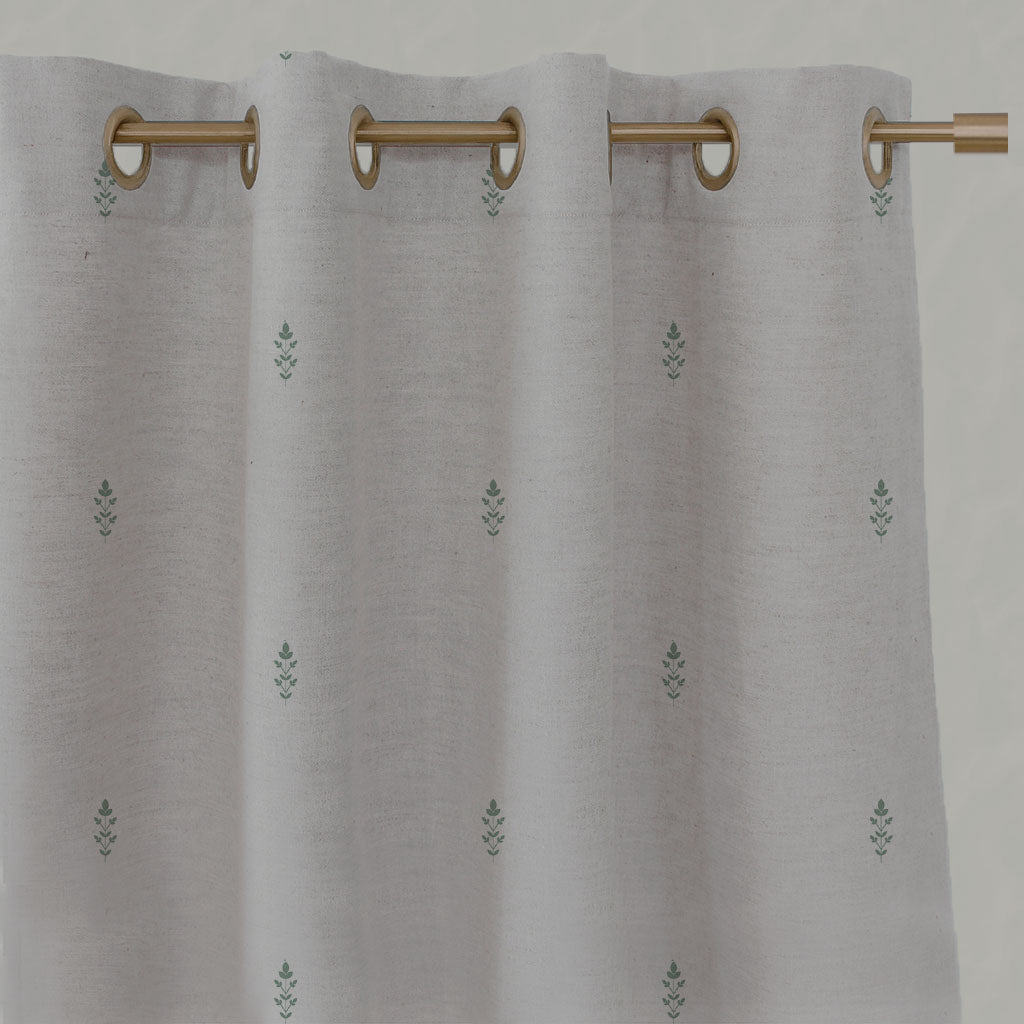 Green Floral Linen Eyelet Curtains - Asli Jade Mist - Natural base fabric.