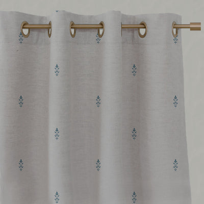 Blue Patterned Linen Eyelet Curtains - Asli Marine - Natural base fabric.