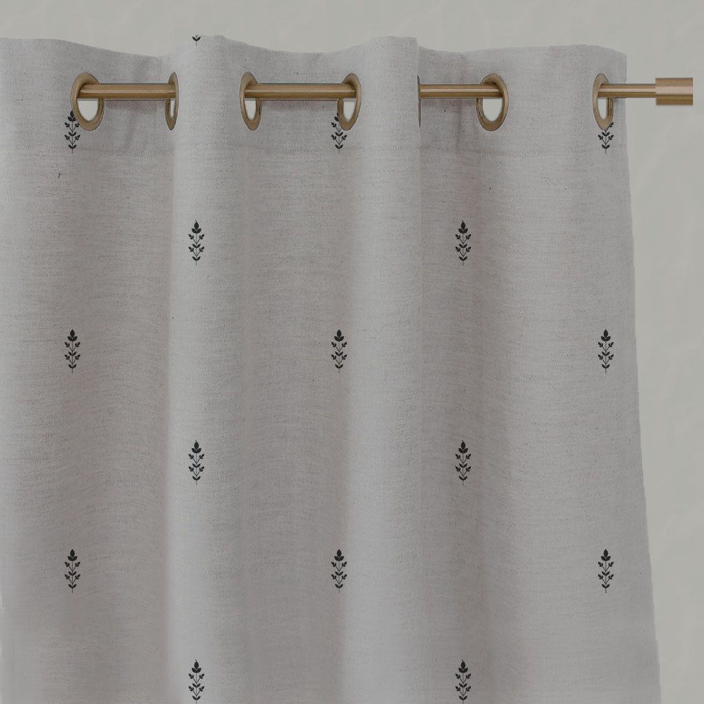 Black Floral Linen Eyelet Curtains - Asli Noir - Natural base fabric.