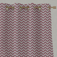 Red Patterned Linen Eyelet Curtains - Azig Cherry - Natural base fabric.