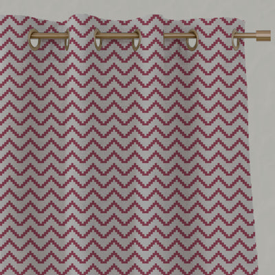 Red Patterned Linen Eyelet Curtains - Azig Cherry - Natural base fabric.