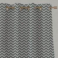 Green Patterned Linen Eyelet Curtains - Azig Dark Pine - Natural base fabric.