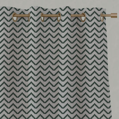 Green Patterned Linen Eyelet Curtains - Azig Dark Pine - Natural base fabric.