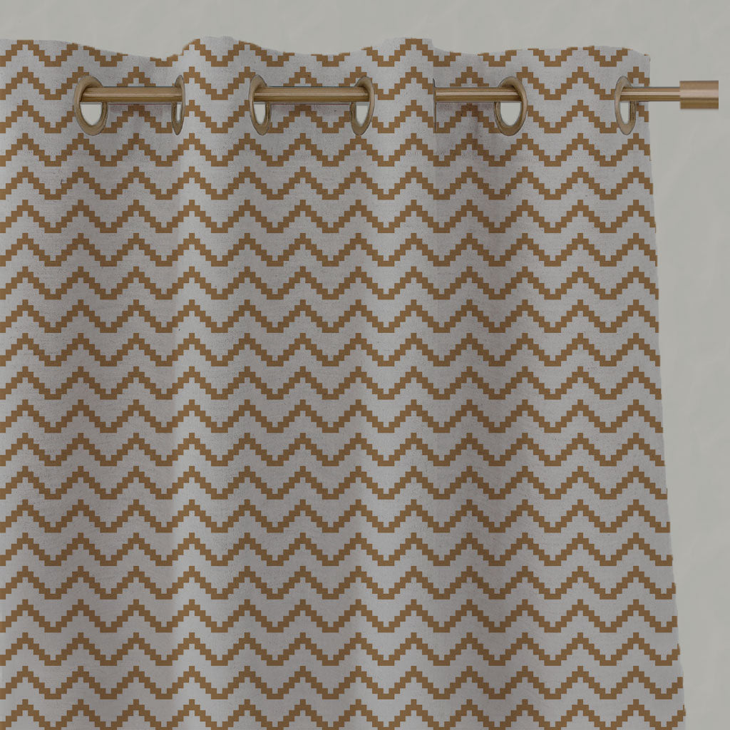 Orange / Yellow Patterned Linen Eyelet Curtains - Azig Gold Ochre - Natural base fabric.