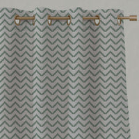 Green Patterned Linen Eyelet Curtains - Azig Jade Mist - Natural base fabric.