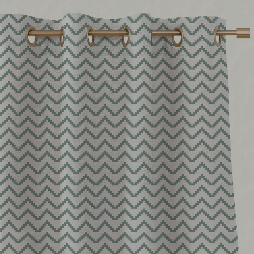 Green Patterned Linen Eyelet Curtains - Azig Jade Mist - Natural base fabric.