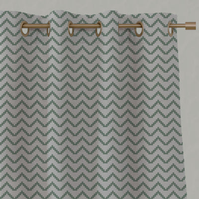 Green Patterned Linen Eyelet Curtains - Azig Jade Mist - Natural base fabric.
