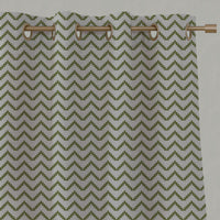 Green Patterned Linen Eyelet Curtains - Azig Leaf - Natural base fabric.