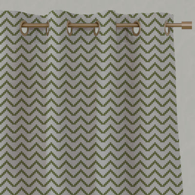 Green Patterned Linen Eyelet Curtains - Azig Leaf - Natural base fabric.